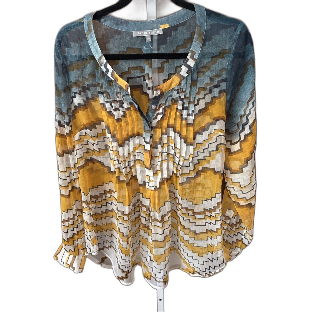 Anthropologie Daniel Rainn Large Sheer Blouse Southwestern Vibe Roll Tab Flowy